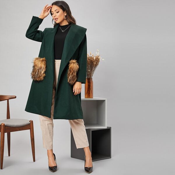 

Contrast Faux Fur Open Front Overcoat, Dark green