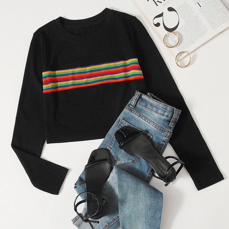 

Rainbow Striped Tee, Black