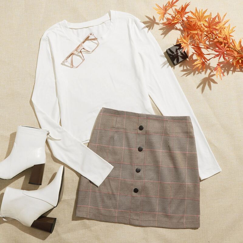 

Solid Tee & Plaid Button Front Skirt, Multicolor