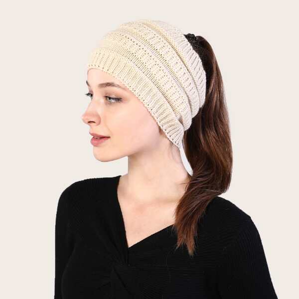 

1pc Knit Ponytail Hat, Beige