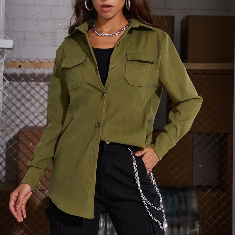 

Collared Single Breasted Pocket Front Coat, Army green