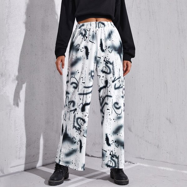 

Graffiti Print Wide Leg Pants, Black and white