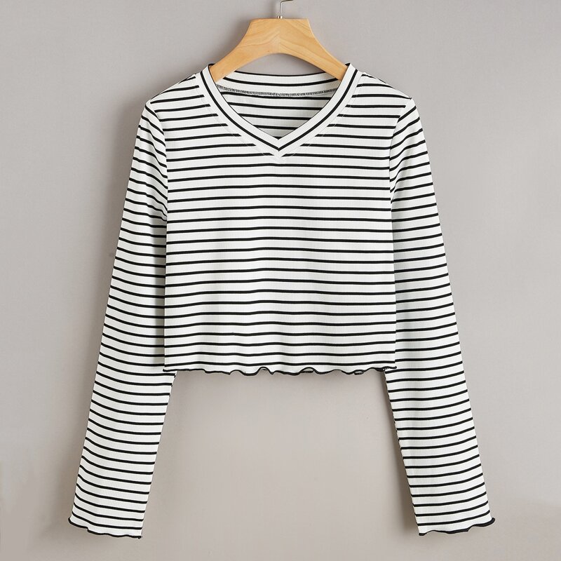 

Striped Lettuce Trim Tee, Black and white