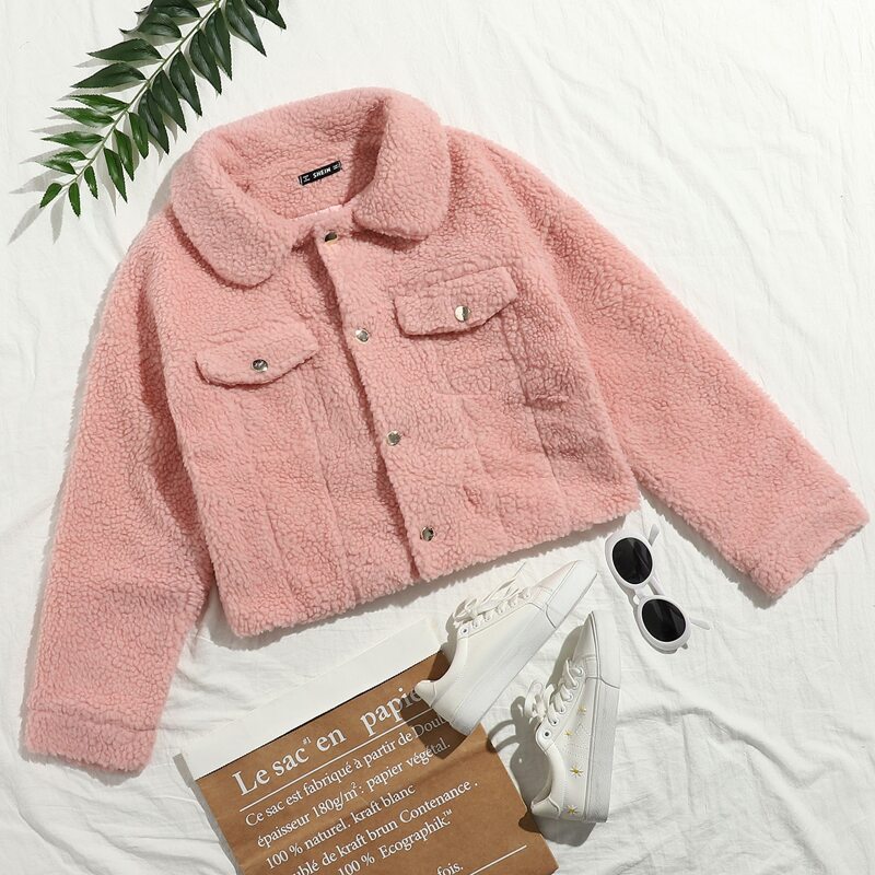 

Flap Detail Single Breasted Teddy Jacket, Baby pink