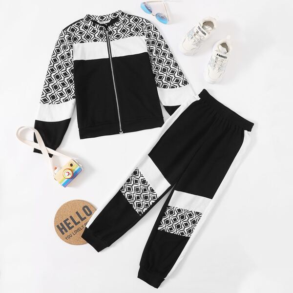 

Girls Color Block Zipper Front Jacket & Sweatpants Set, Black and white