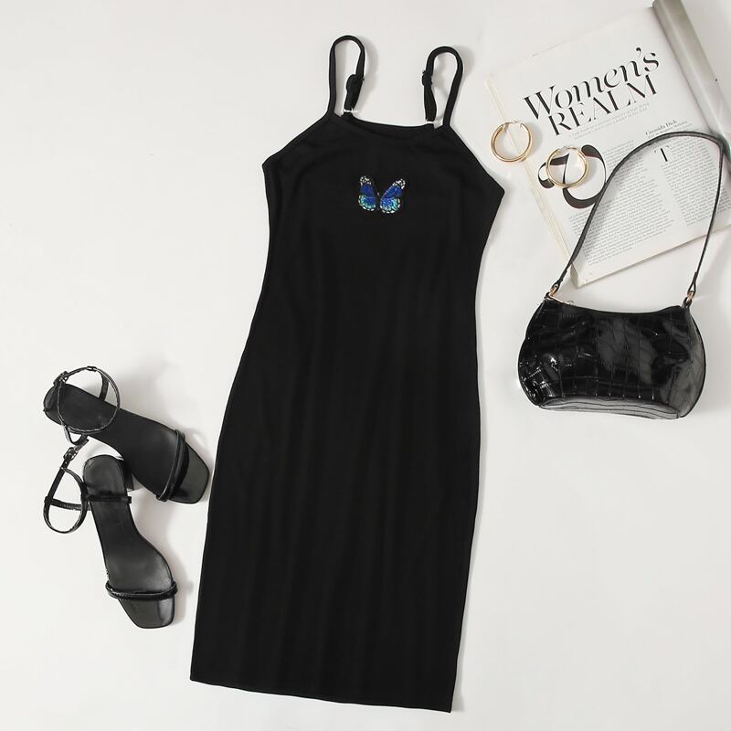 

Butterfly Embroidery Cami Dress, Black
