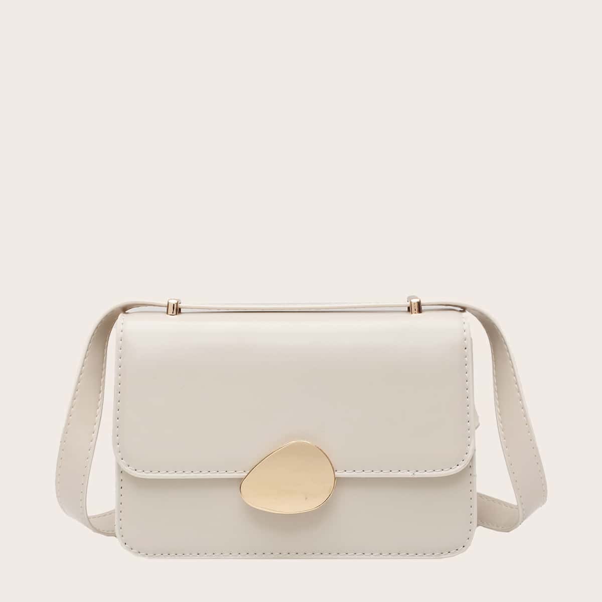 

Metal Decor Flap Crossbody Bag, Beige