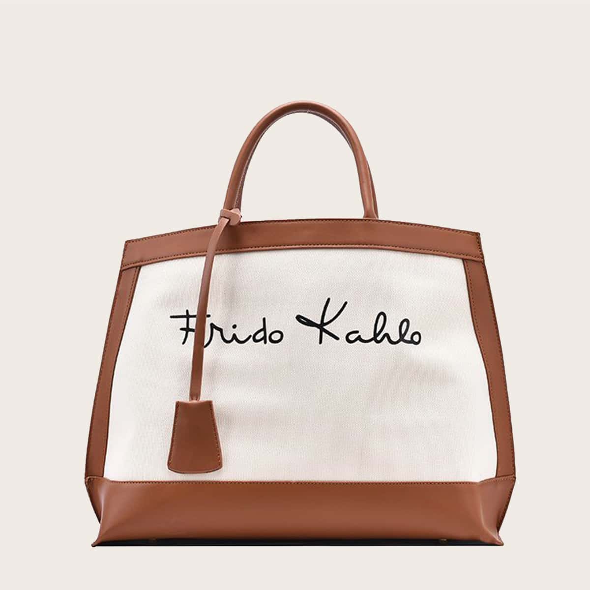 

Two Tone Letter Graphic Tote Bag, Brown