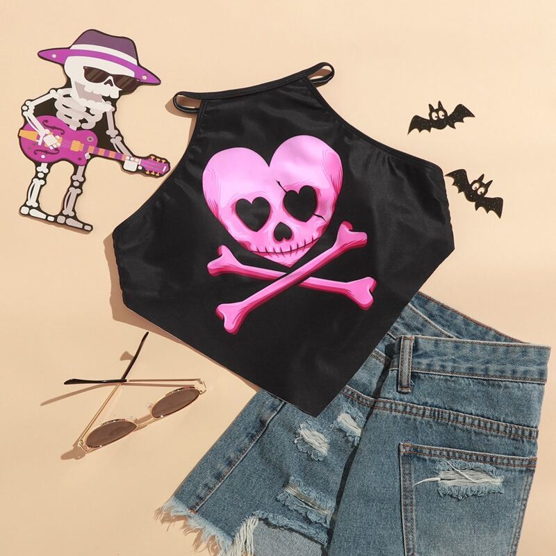 

Heart Skull Print Halter Bikini Top, Multicolor