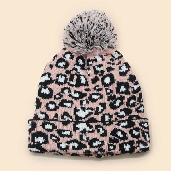 

Pom-pom Decor Leopard Beanie, Multicolor