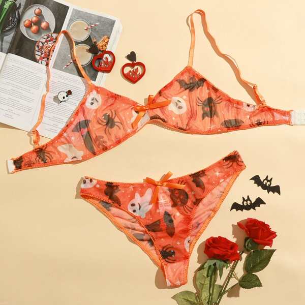 

Halloween Pattern Mesh Lingerie Set, Orange