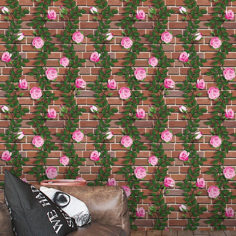

3D Flower Print Brick Pattern Wall Sticker, Multicolor