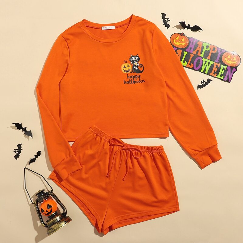 

Halloween Pattern Sweatshirt & Shorts Lounge Set, Orange