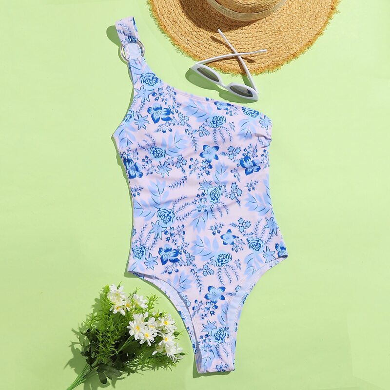 

Floral One Shoulder One Piece Swimsuit, Multicolor