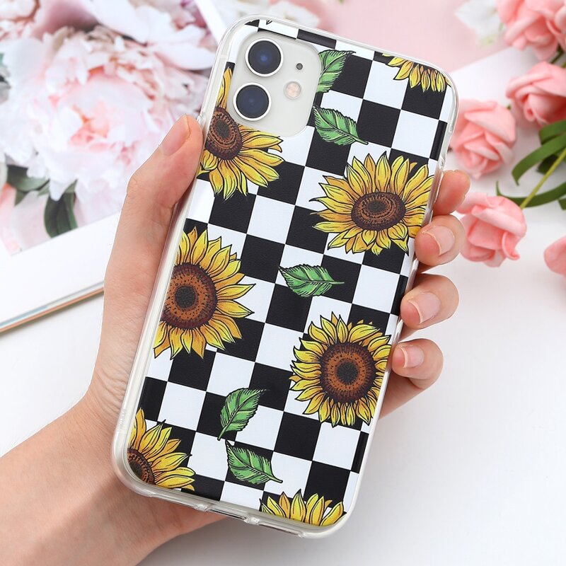 

Sunflower & Checkerboard Print iPhone Case, Multicolor