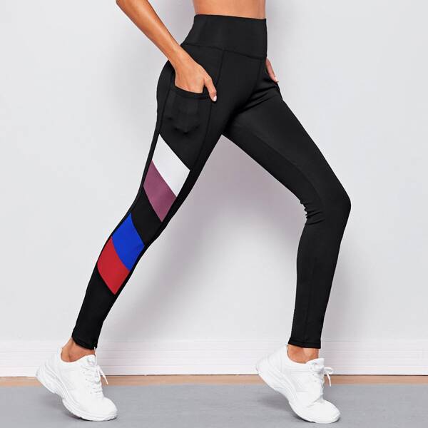 

Colorblock Sports Leggings With Phone Pocket, Black