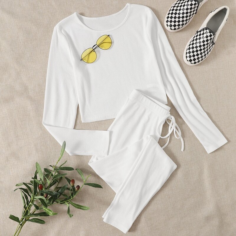 

Solid Rib-knit Tee & Knotted Front Joggers Set, White