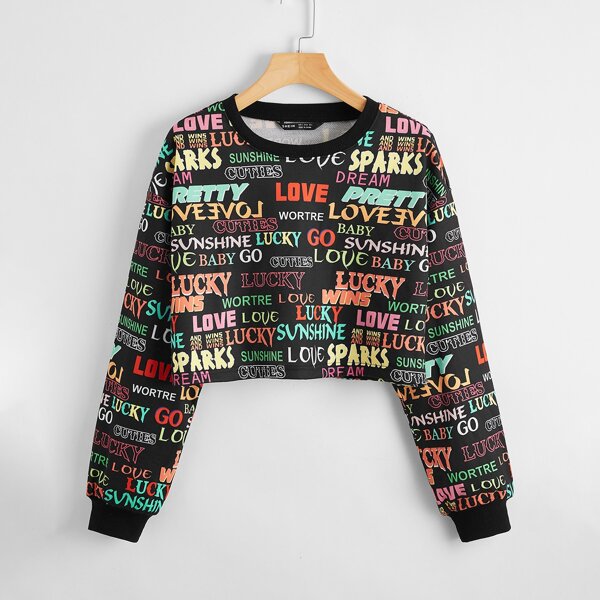 

All Over Letter Print Crop Sweatshirt, Multicolor