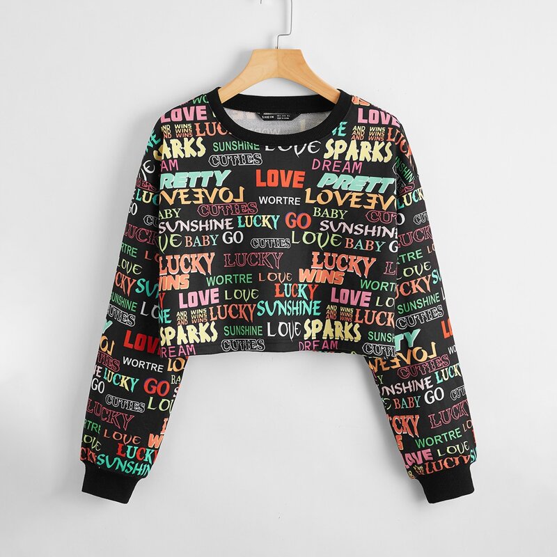 

All Over Letter Print Crop Sweatshirt, Multicolor