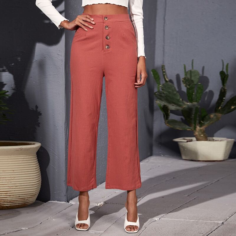 

Solid Button Front Wide Leg Pants, Burnt orange