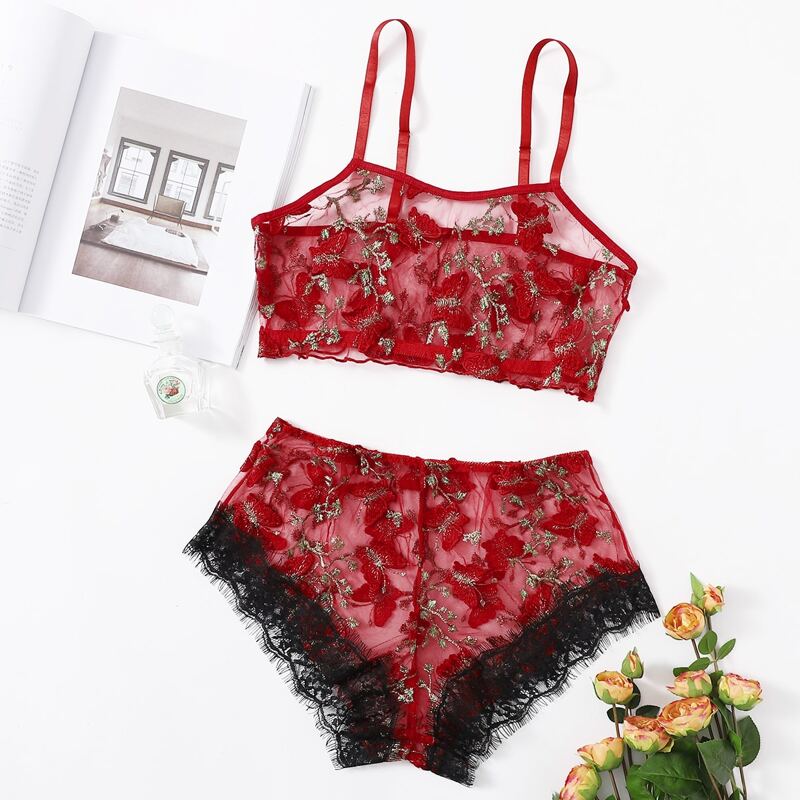 

Butterfly Embroidery Lace Trim Lingerie Set, Red