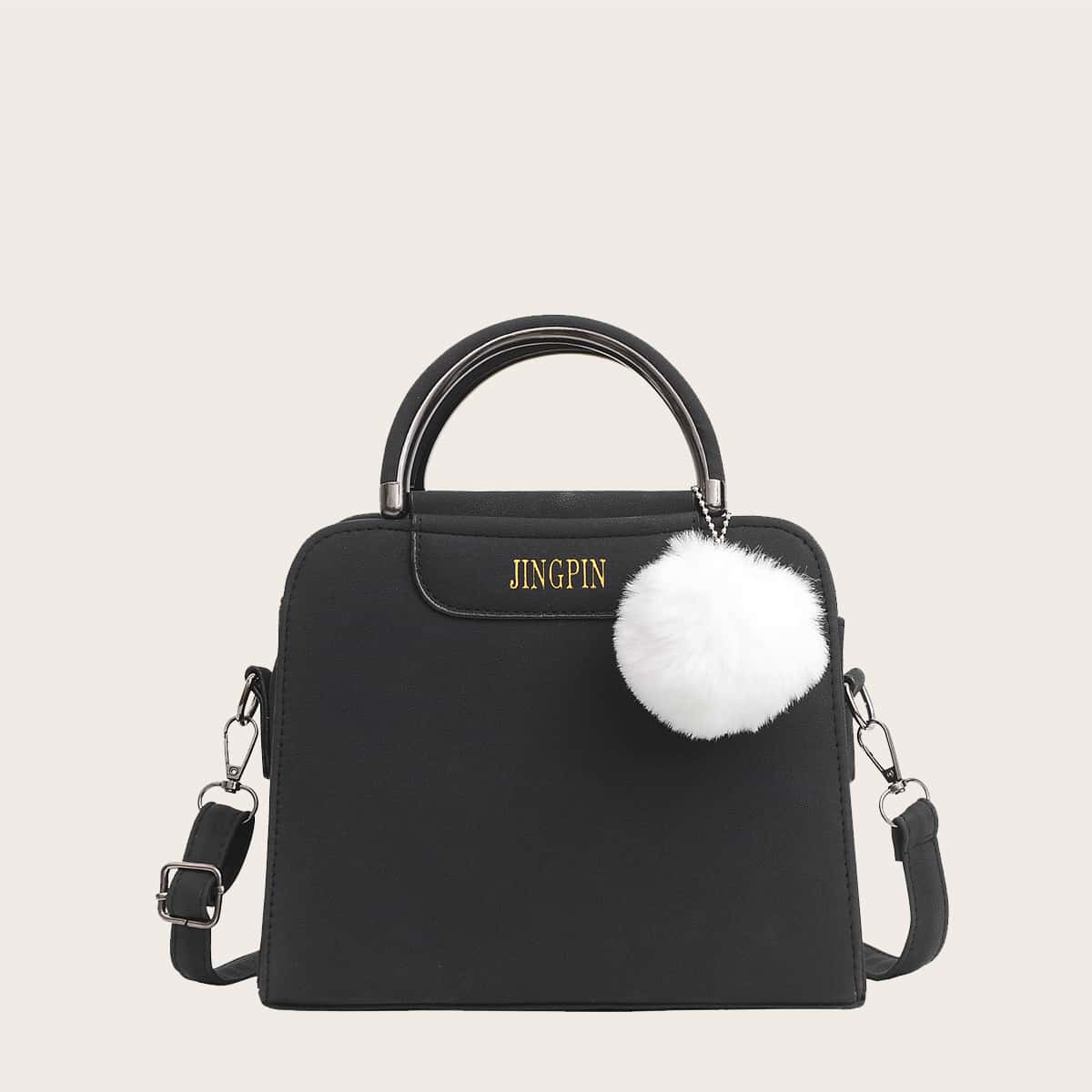

Pom Pom Decor Letter Graphic Satchel Bag, Black