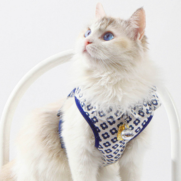 

1pc Flower Print Cat Leash & 1pc Cat Harness, Blue and white