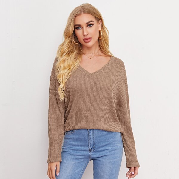 

V-neck Drop Shoulder Rib-knit Tee, Mocha brown