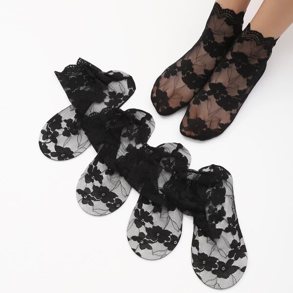 

5pairs Floral Lace Mesh Socks, Black
