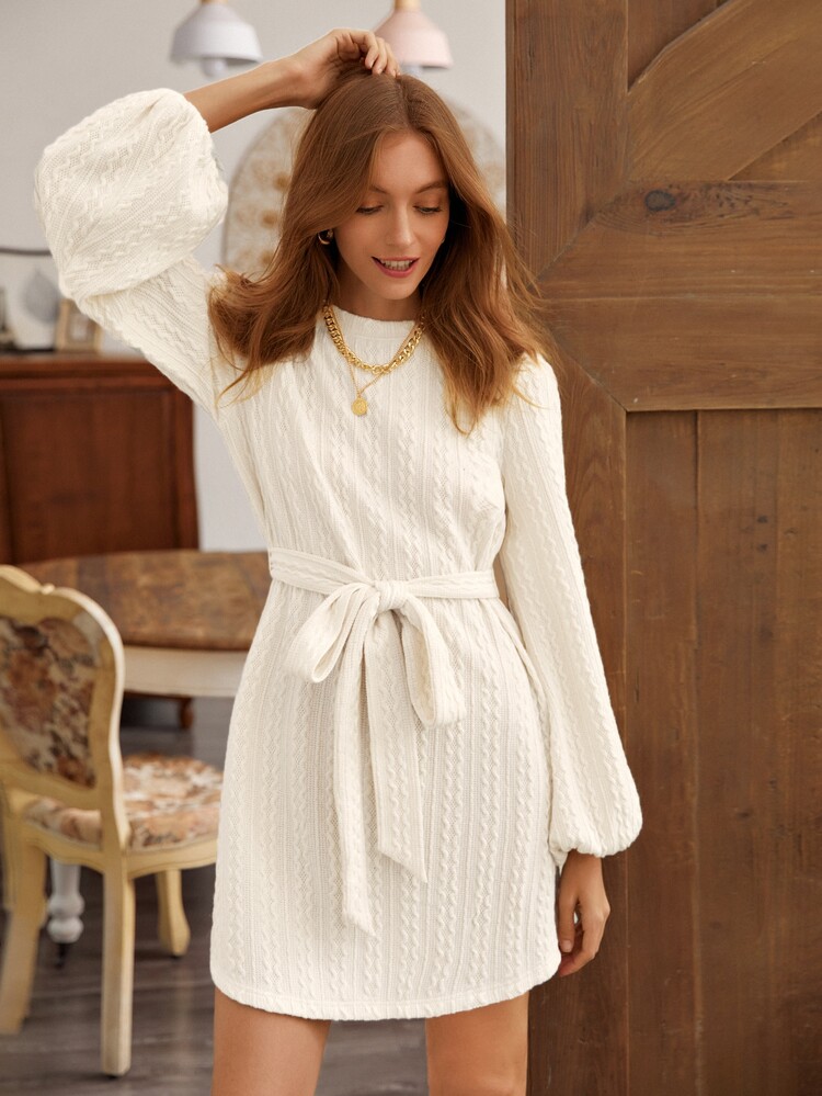 SHEIN Frenchy 燈籠袖纜繩針織腰帶連衣裙 - 米色 - 查看 6