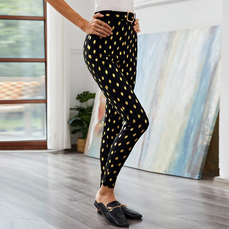 

Allover Print Belted Skinny Pants, Black