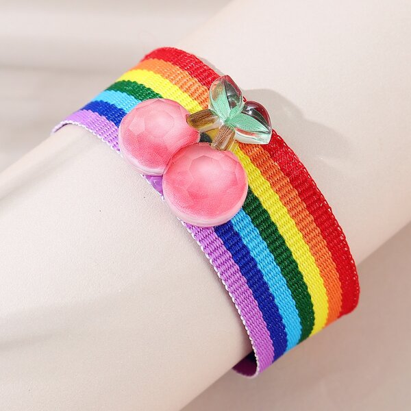 

Girls Cherry Decor Rainbow Striped Bracelet, Multicolor