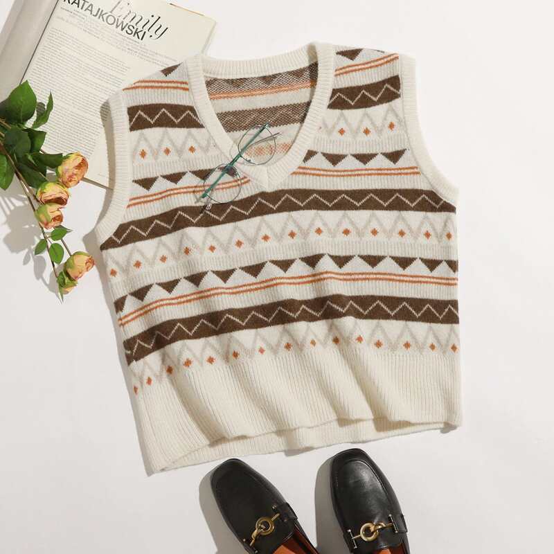 

V-neck Chevron And Striped Sweater Vest, Multicolor