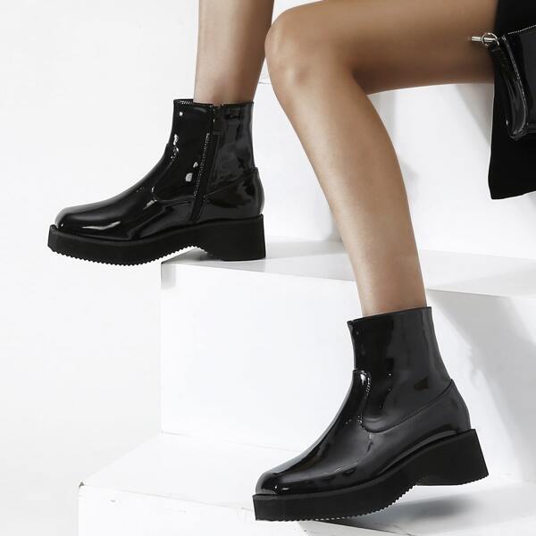 

Square Toe Side Zip Patent Ankle Boots, Black