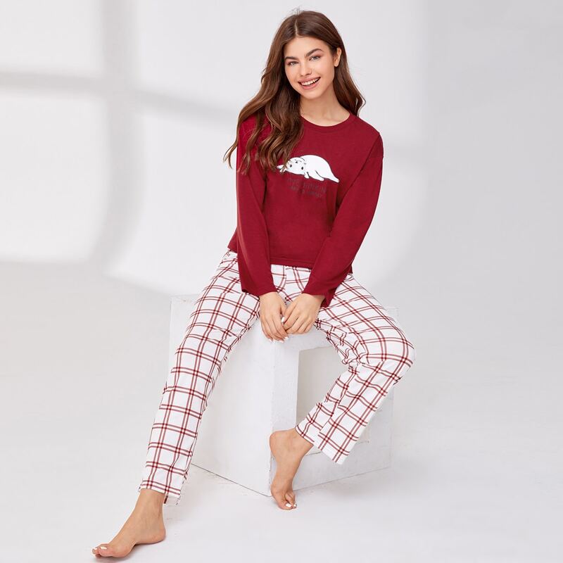 

Cartoon Cat & Plaid Graphic PJ Set, Red and white
