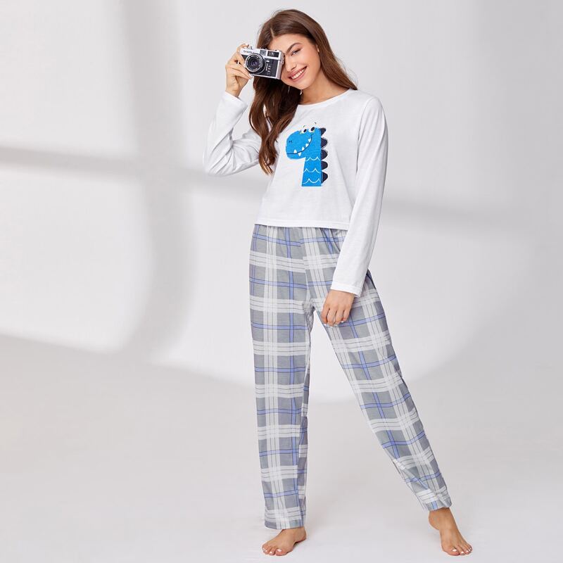 

Cartoon Dinosaur & Plaid Print PJ Set, Multicolor