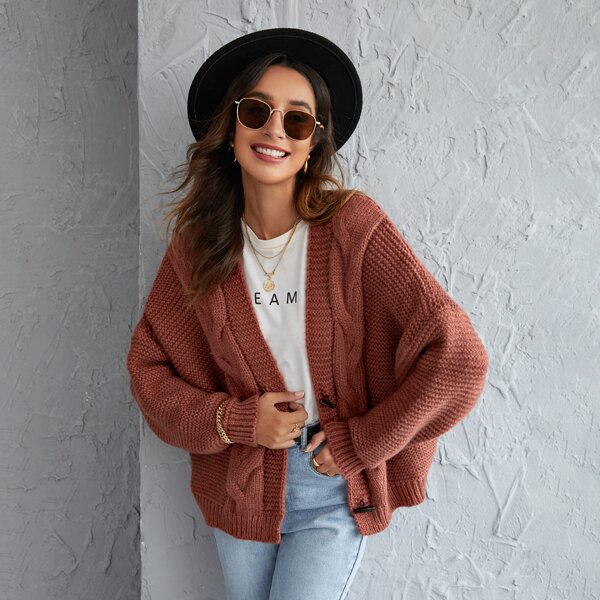 

Cable Knit Drop Shoulder Cardigan, Rusty rose