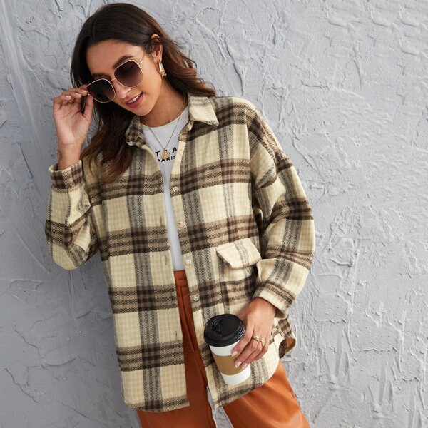 

Button Front Curved Hem Plaid Coat, Multicolor