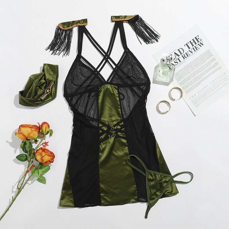 

3pack Contrast Mesh Soldier Uniform Sexy Costume, Army green