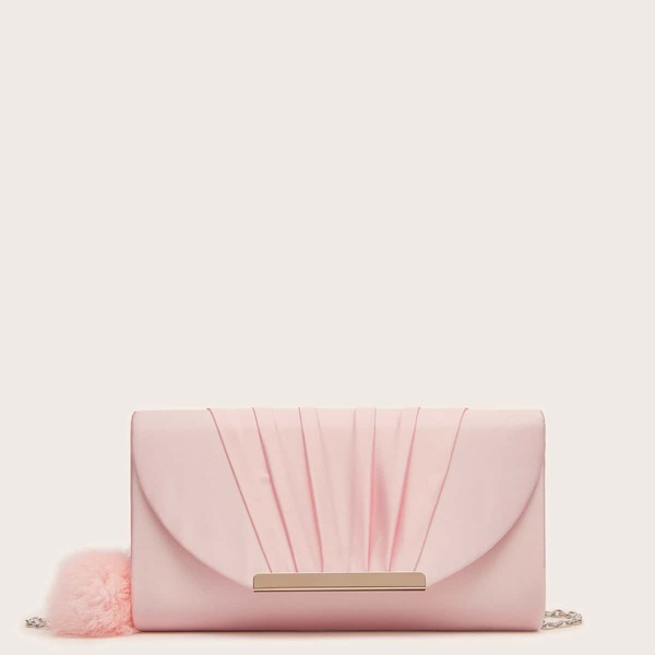 

Pom-pom Charm Ruched Clutch Bag, Baby pink