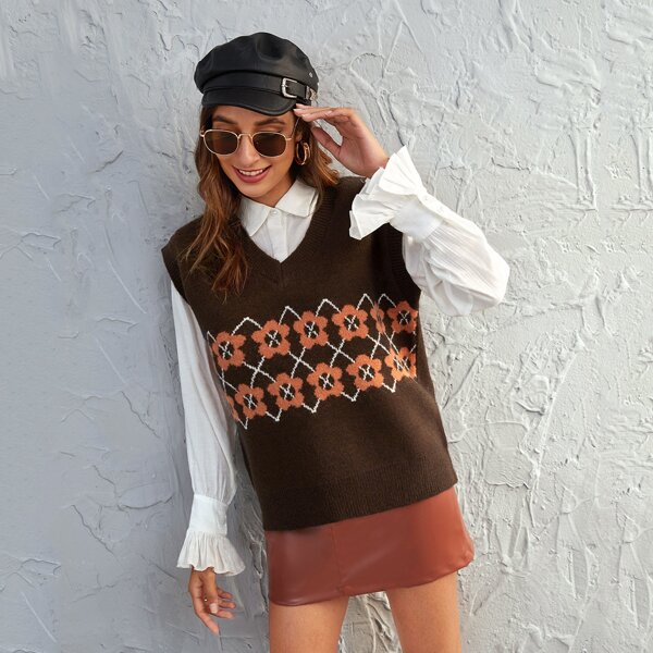 

Floral Pattern Sweater Vest Without Blouse, Chocolate brown