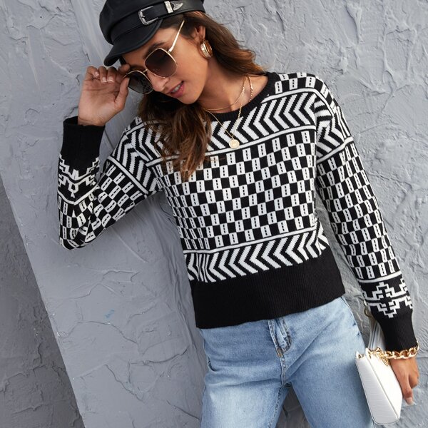 

Geo Pattern Drop Shoulder Sweater, Black and white