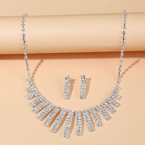 

3pcs Rhinestone Decor Jewelry Set, Silver