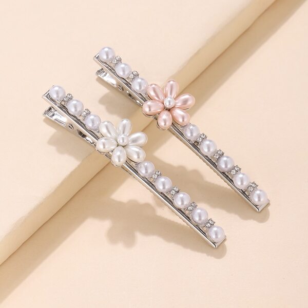 

2pcs Faux Pearl Decor Hair Clip, Silver