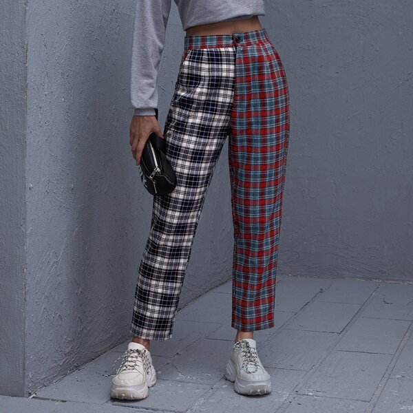 

Tartan Print Colorblock Straight Leg Pants, Multicolor