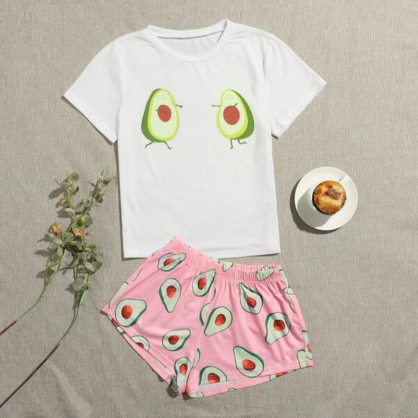

Cartoon Avocado Print Pajama Set, Multicolor