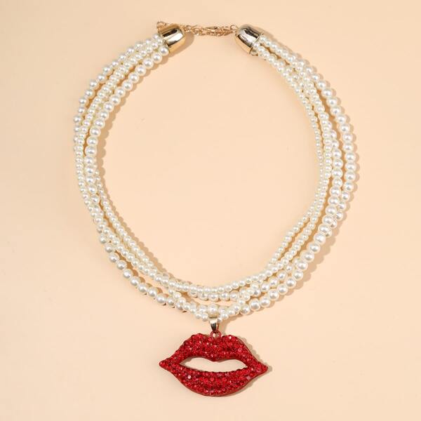 

Faux Pearl Decor Necklace, Red
