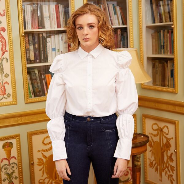 

Elastic Sleeve Solid Blouse, White