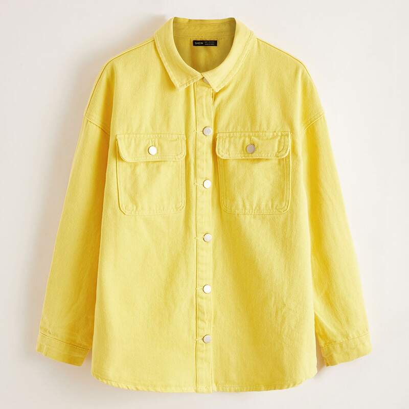 

Letter Graphic Patch Curved Hem Denim Jacket, Yellow