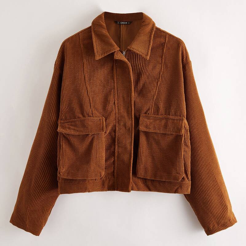 

Flap Pocket Zipper Placket Cord Jacket, Brown